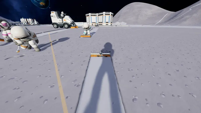 Astronauts cleaning a lane beside a vehicle