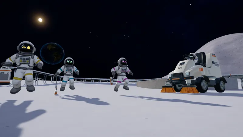Three astronauts and a sweeper